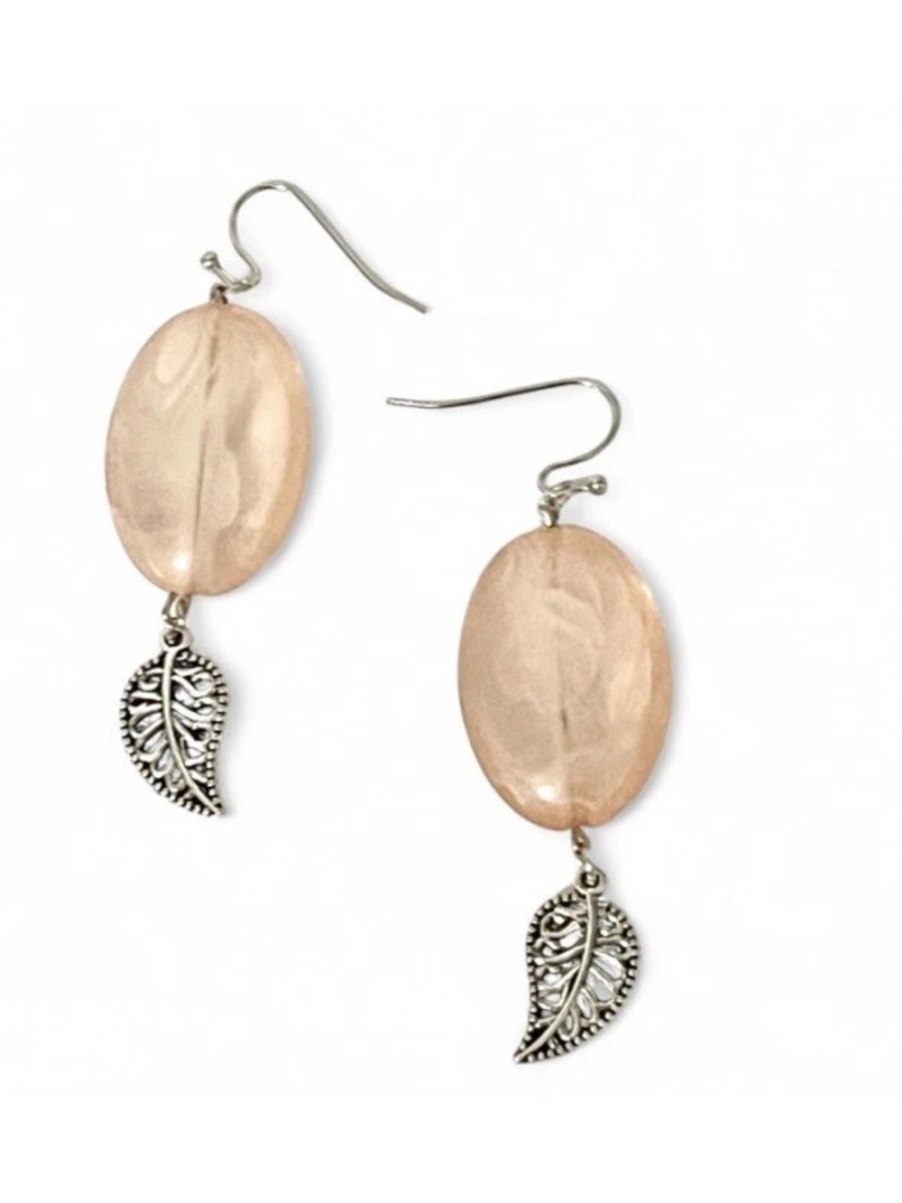 Pink Acrylic Bead Dangle Earrings Silver Tone Fall Leaf Charm Boho Drop Pierced